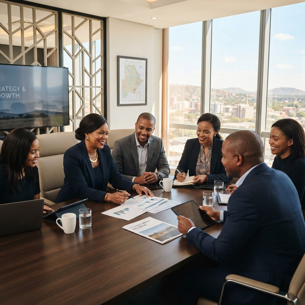 The RiverVentures Africa consulting team reviewing documents in a boardroom